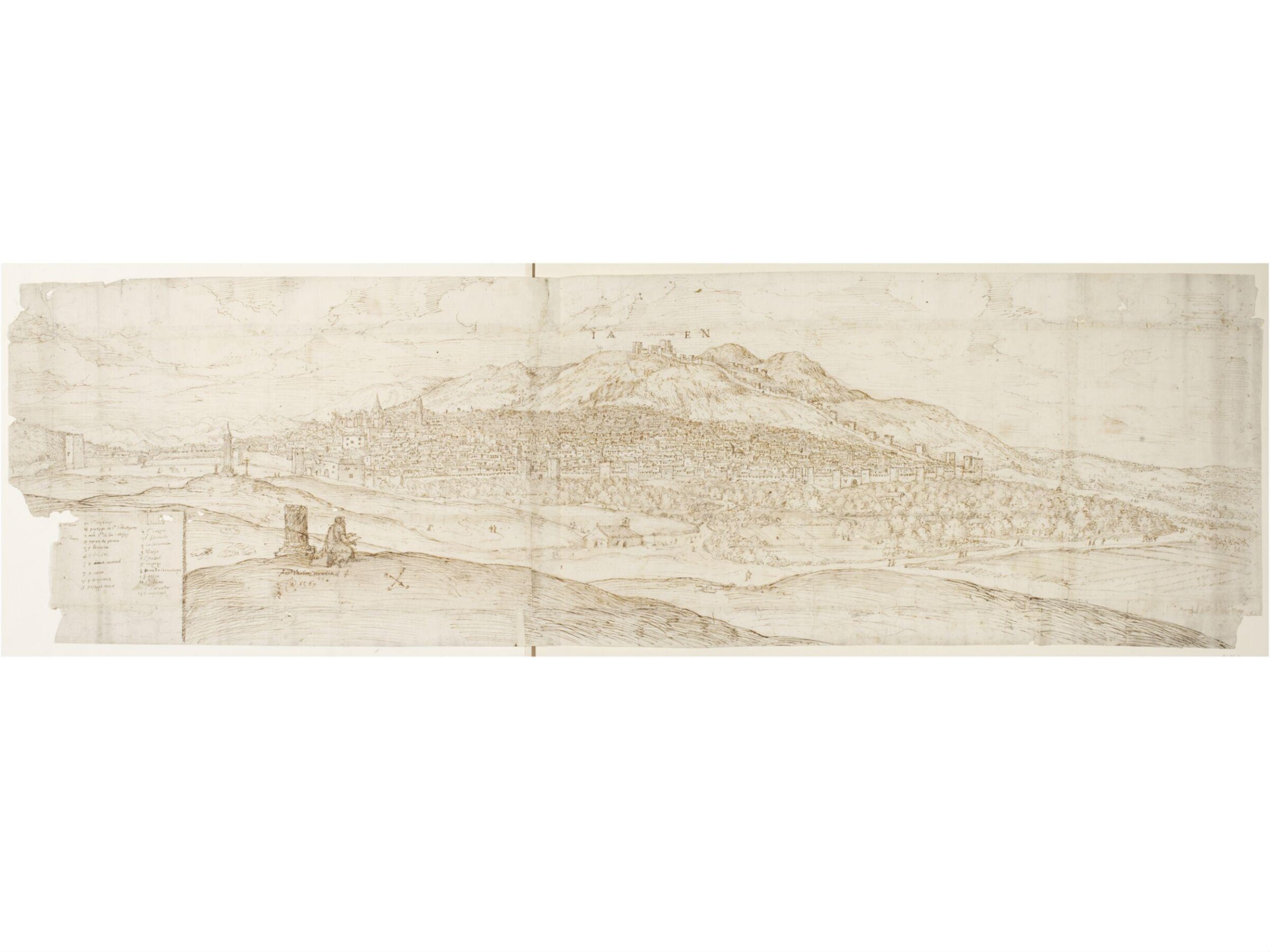 Panoramic View of Jaén, with the Figure of a Man Sketching in the Foreground, Anton van den Wyngaerde, 1567
