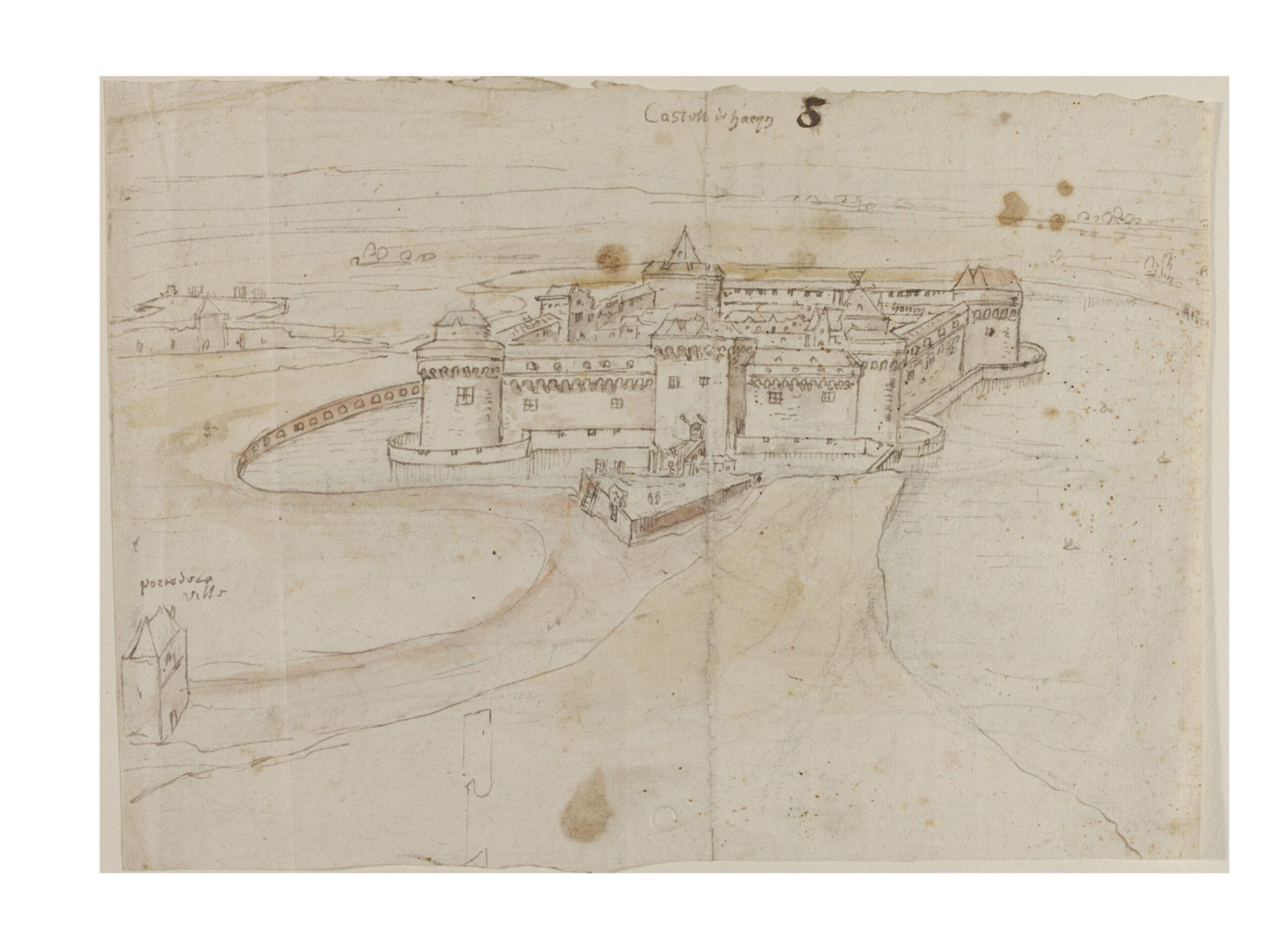 Recto: View of the Castle and Fortress of Baena with its Moat and Drawbridge, Anton van den Wyngaerde, c. 1567