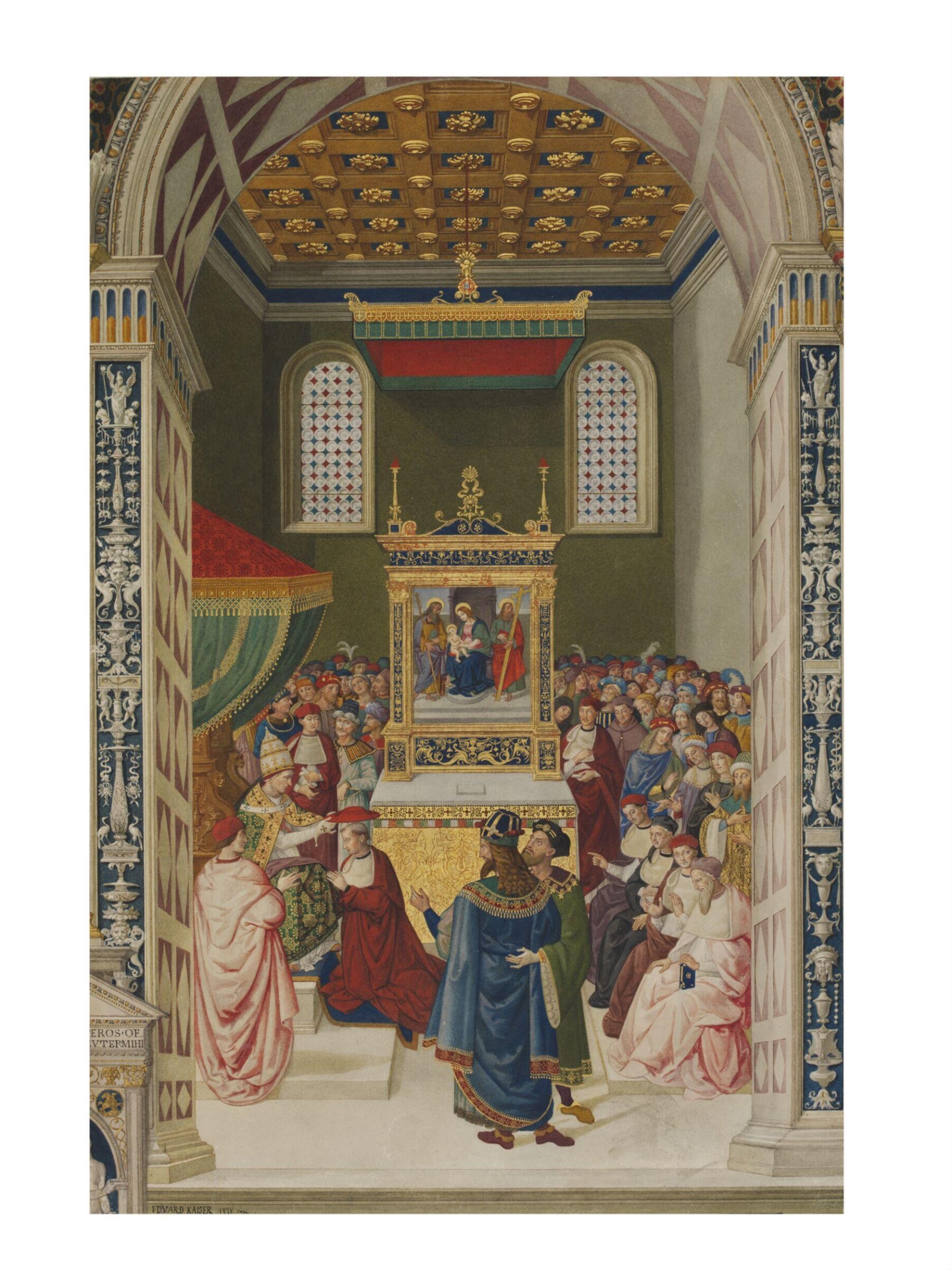Copy after the painting Piccolomini receiving the  Cardinal's hat by Pinturicchio in the Libreria  Piccolomini, Siena., Edward Kaiser, 1878
