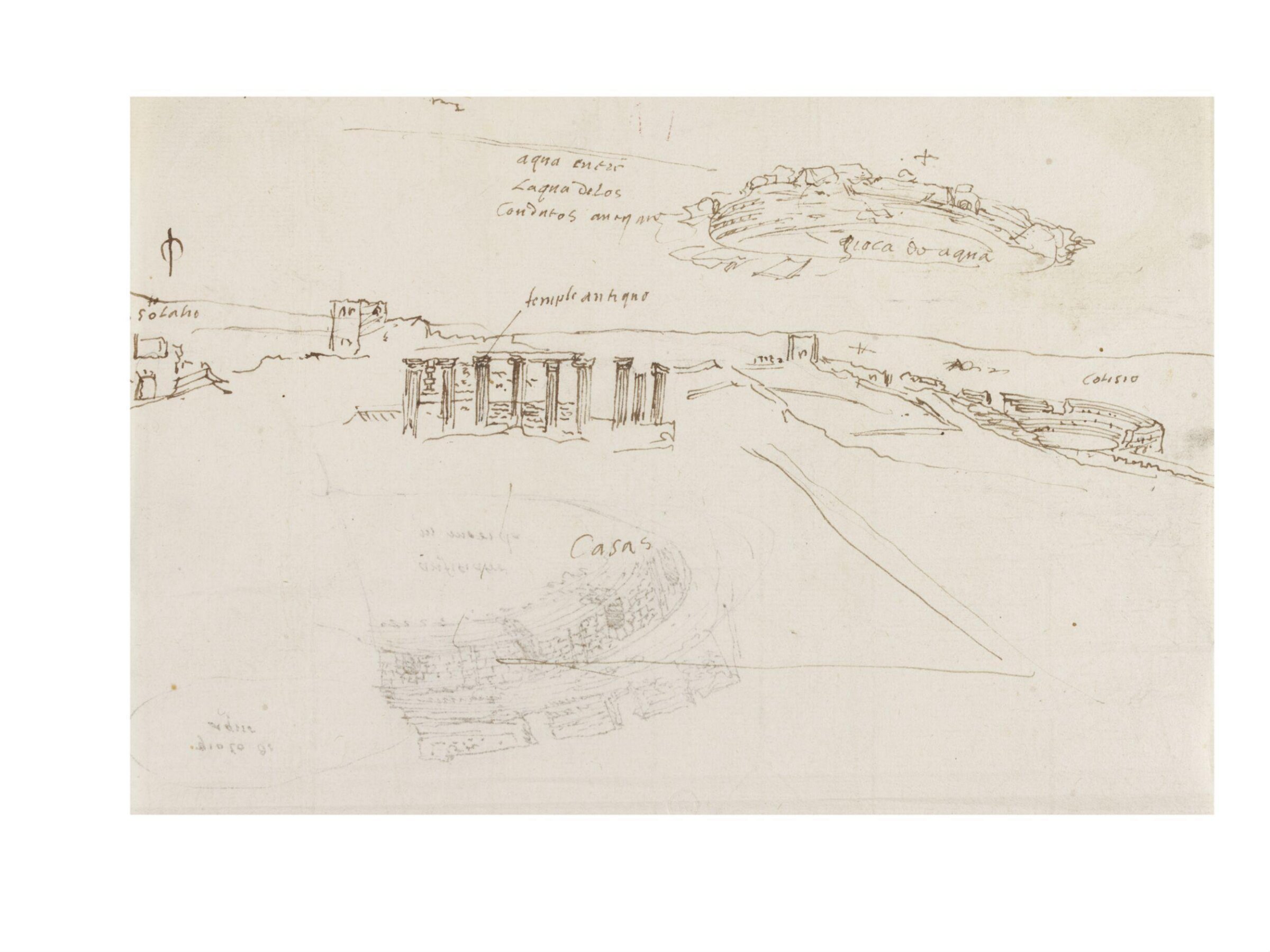 Recto: View of the Roman Amphitheatre, Temple, Acqueduct and Other Classical Remains near Mérida, Anton van den Wyngaerde, 1567