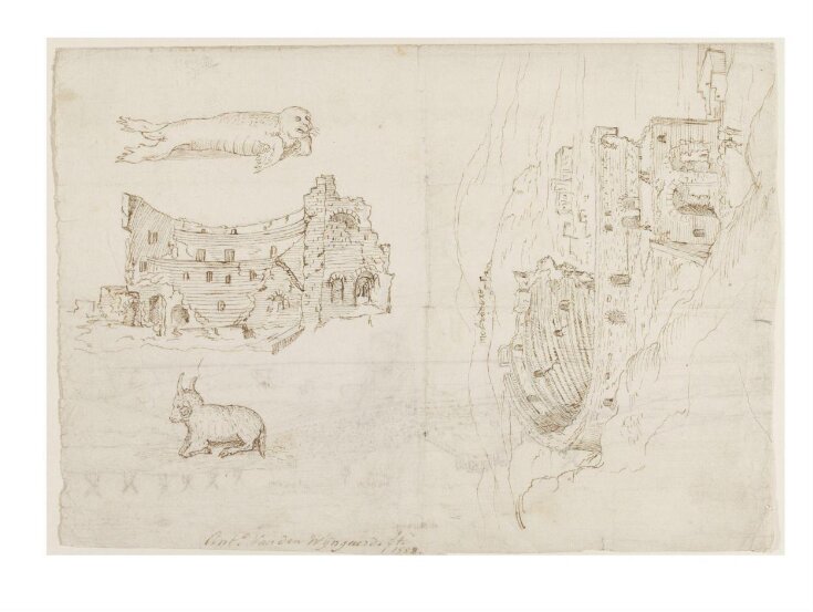 Recto: Sketches of the Remains of the Roman Theatre at Murviedro (Sagunto), and Studies of a Sea Lion and a Ram top image