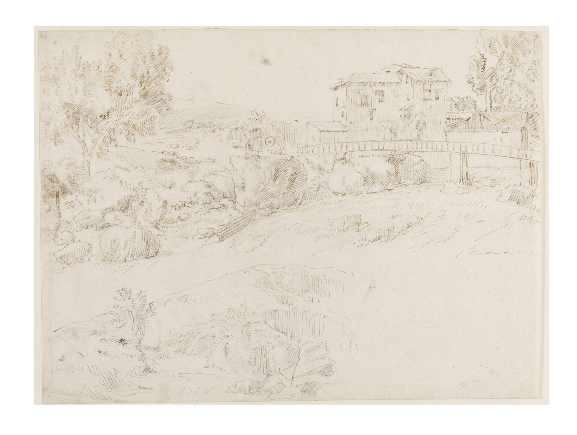 Recto: Farm Buildings, Beyond a Bridge over a River, in Rocky Terrain, Anton van den Wyngaerde, mid 16th century