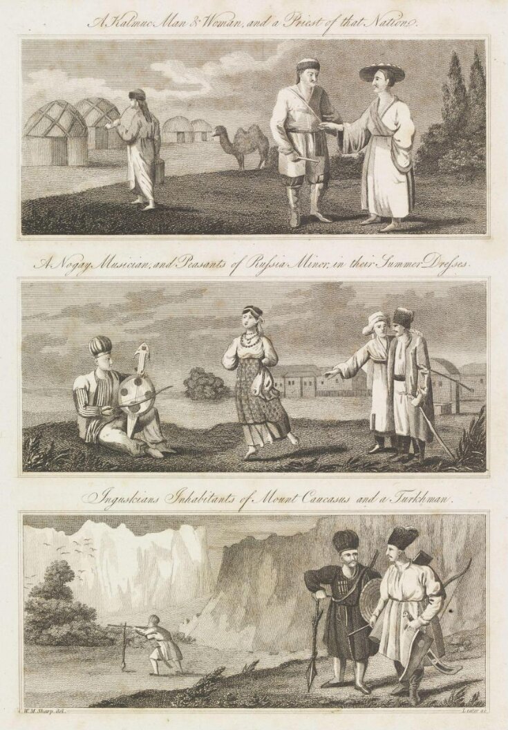 A Kalmuc Man & Woman, and a Priest of that Nation.  A Nogay Musician, and Peasants of Russia Minor, in their Summer Dresses. Inguskians Inhabitants of Mount Caucasus and a Turkman.  top image