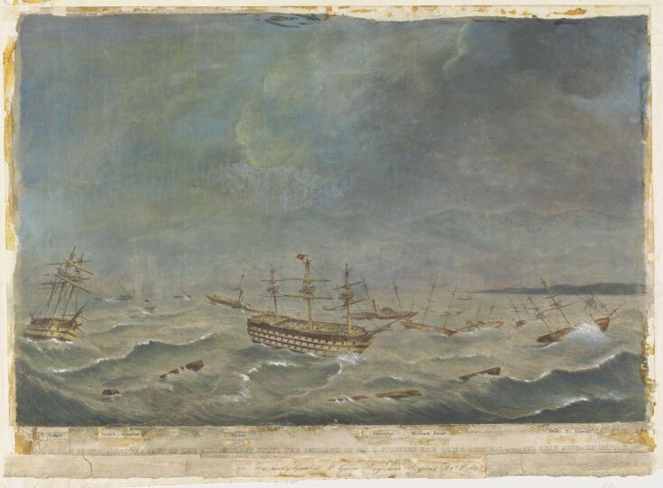 H.M.S. Princess Charlotte and part of the Allied Fleet in a heavy Gale at St George Bay near Beyrout, December 2, 1840.  top image