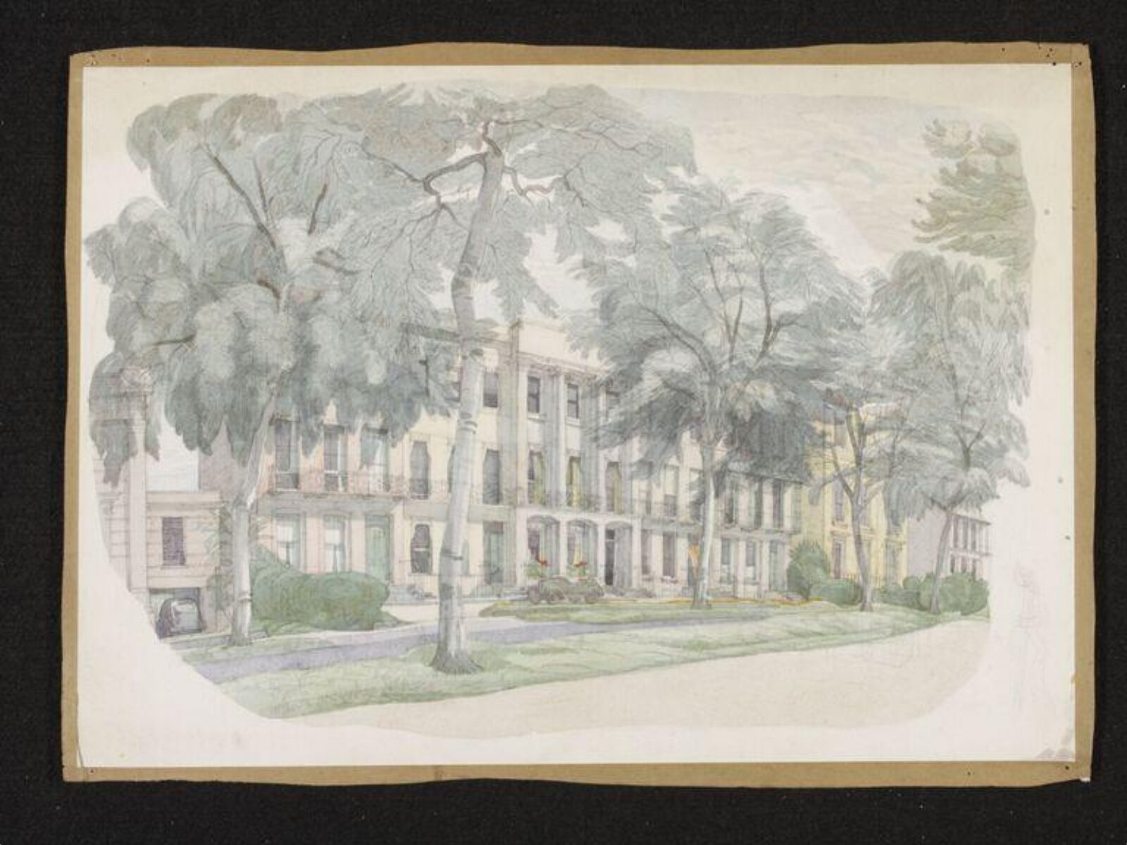 View of Regency terrace with large trees in front, Phyllis E. Ginger, ca. 1940-1950