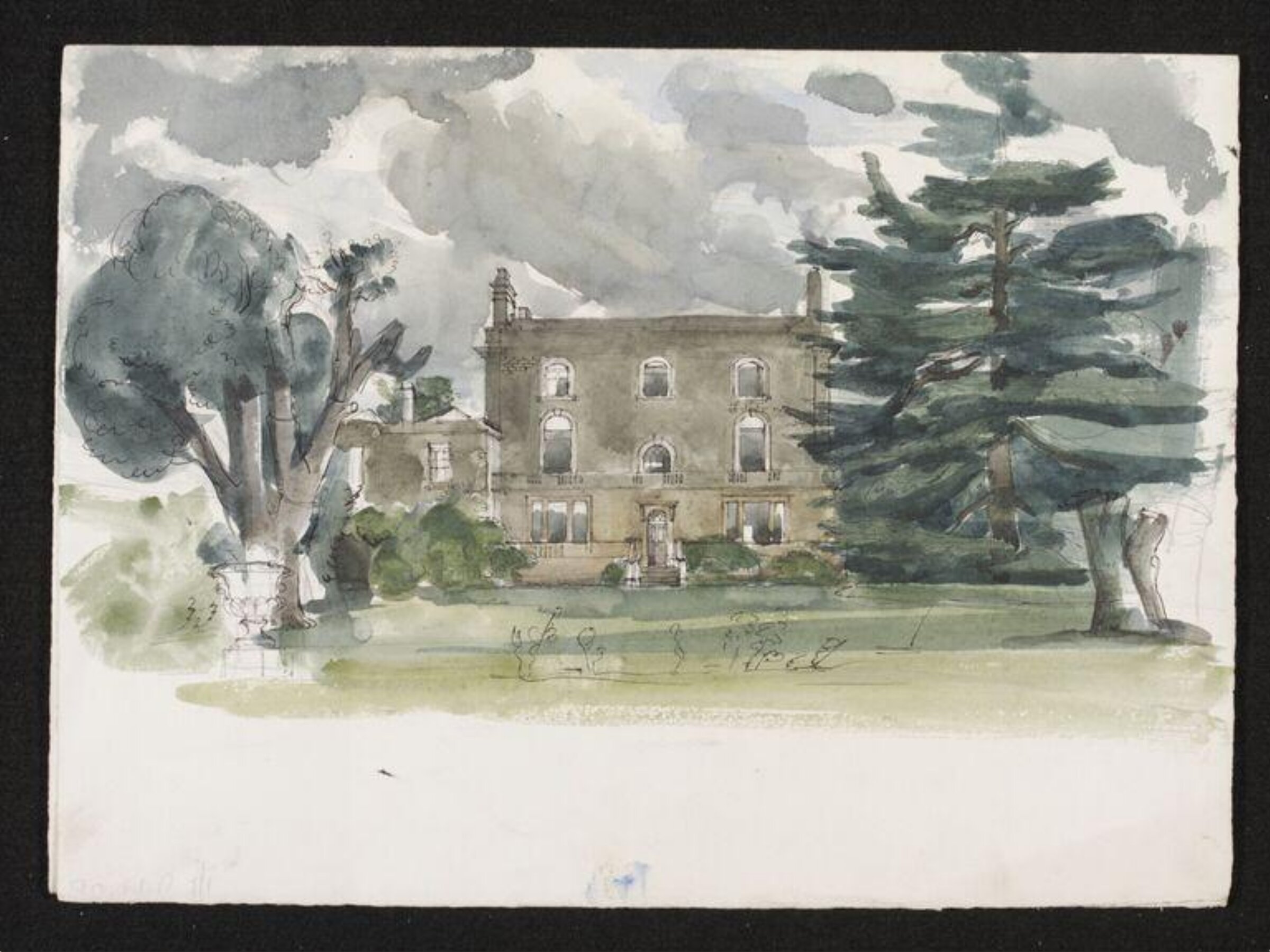 View of large stone house with lawn in front and large trees on either side, Phyllis E. Ginger, ca. 1940-1950