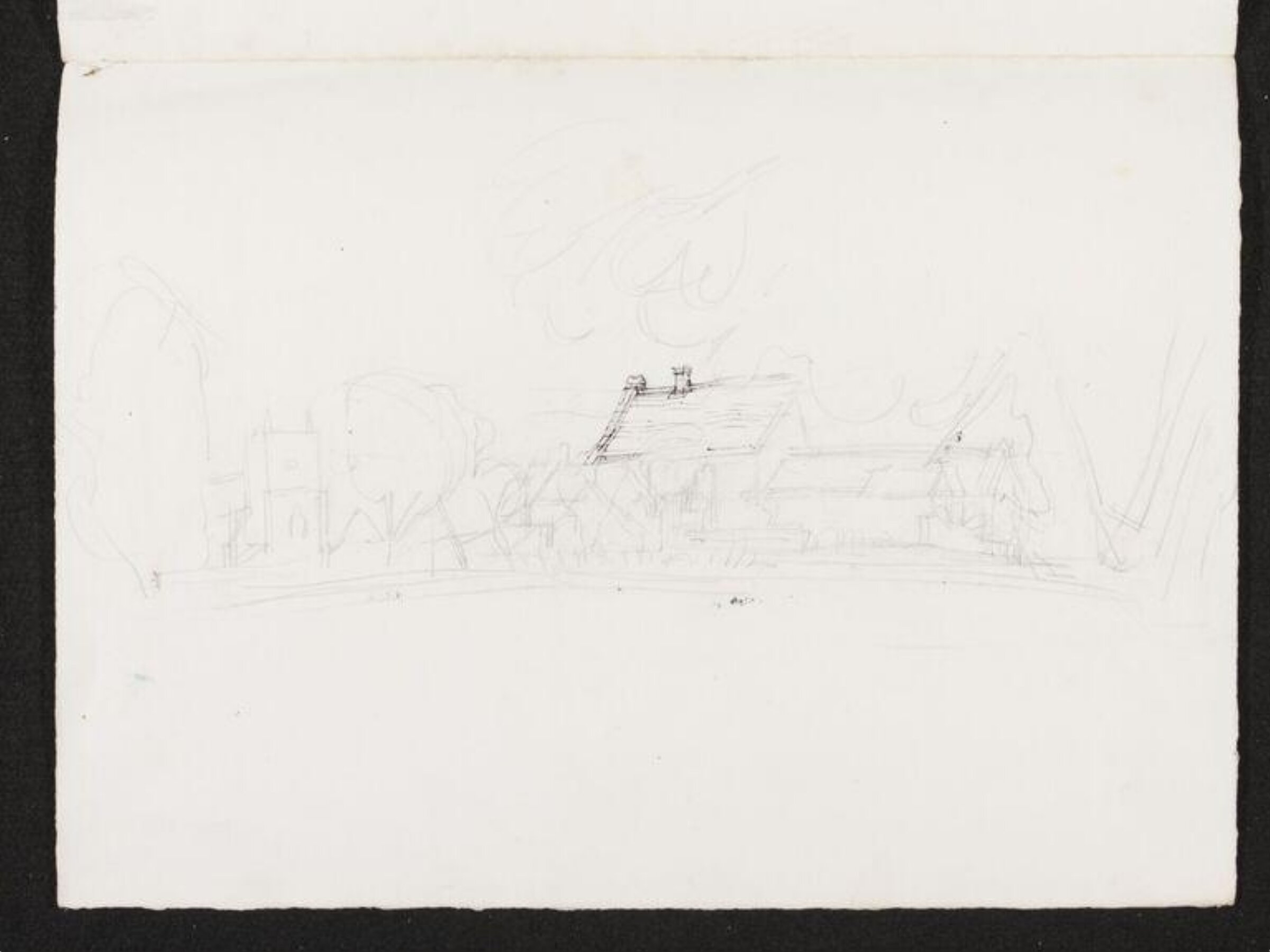 Sketch of a church and houses on a village street, Phyllis E. Ginger, ca. 1940-1950