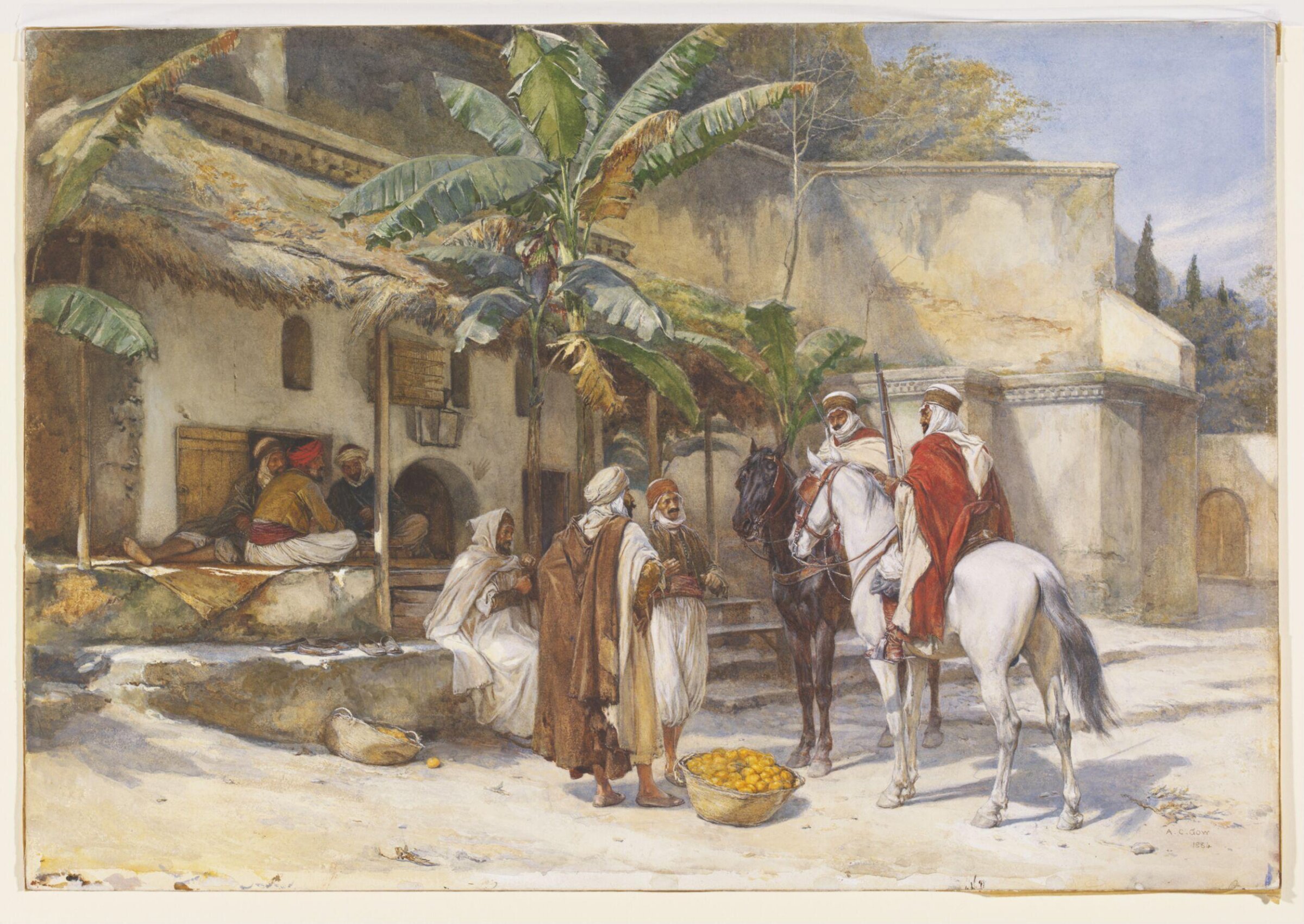 Village men conversing with two armed horsemen, Algiers, Andrew Carrick Gow, 1884