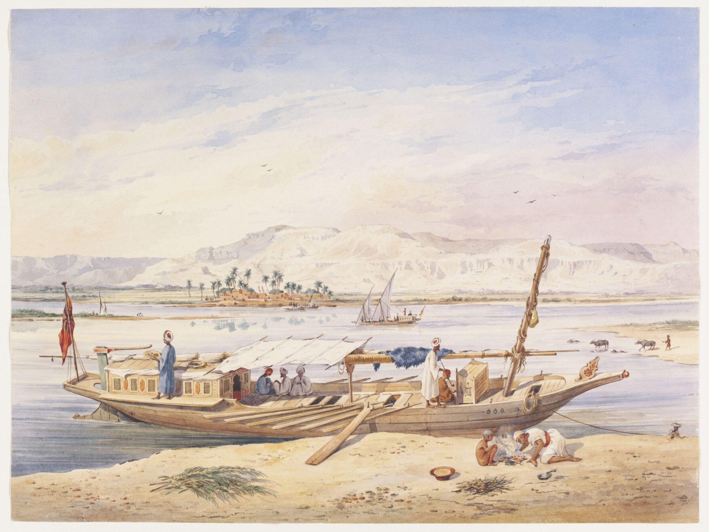 J.W.P.'s Kanja moored beside the East bank of the Nile at Luxor, Achille-Constant-Théodore-Emile Prisse d'Avennes, ca. 1838-1843