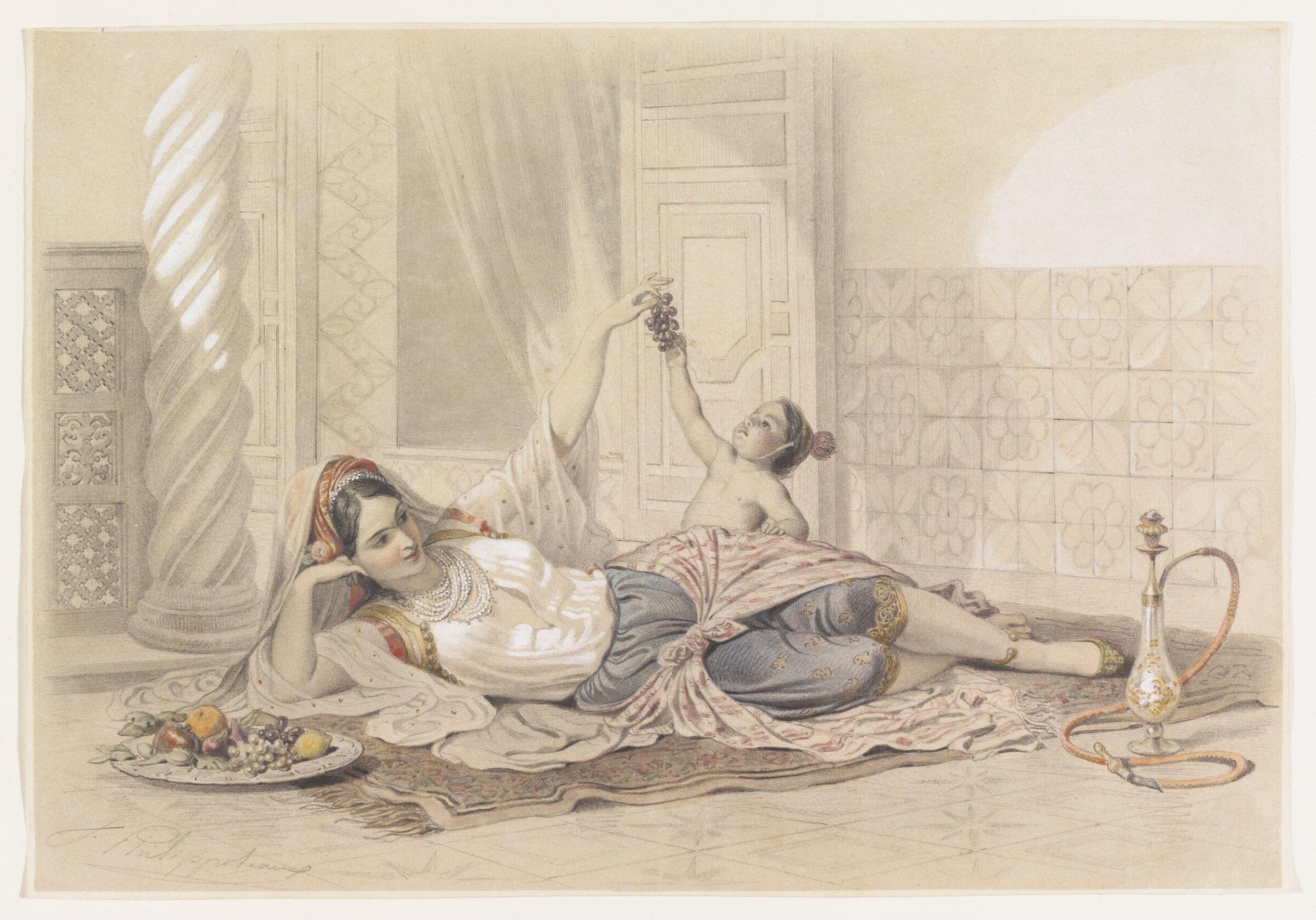 An Odalisque playing with a Child, Félix Henri Emmanuel Philippoteaux, ca. 1835-1845