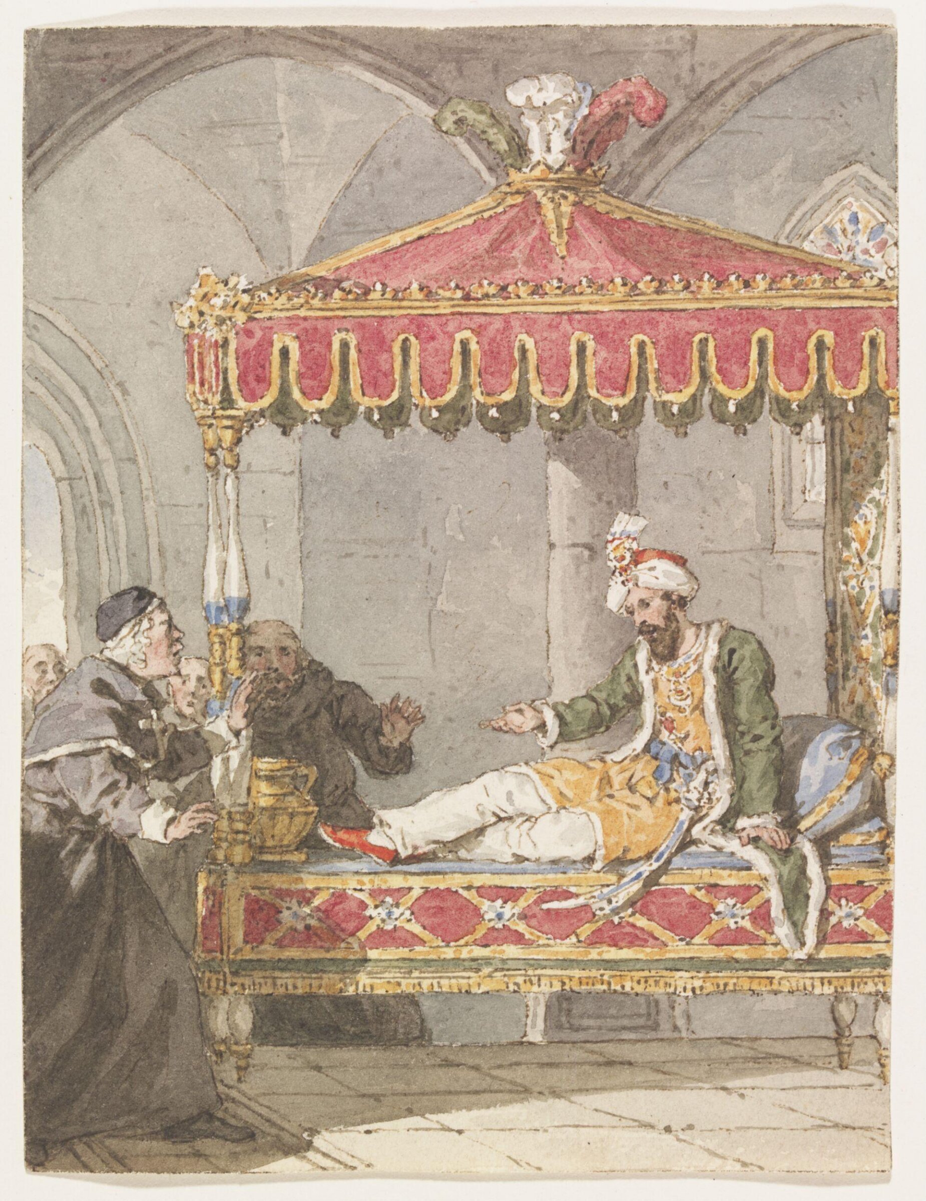 A Sultan on a divan remonstrating with monks, John Augustus Atkinson