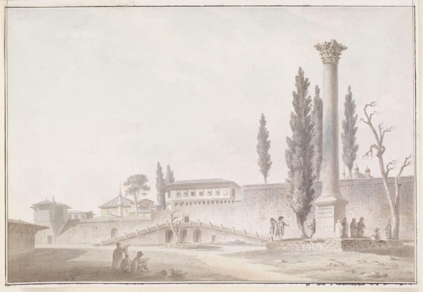 The Gardens of the Seraglio with European visitors inspecting the Column of the Goths, Constantinople (ca. 1800-1820) by Michel François Preaulx