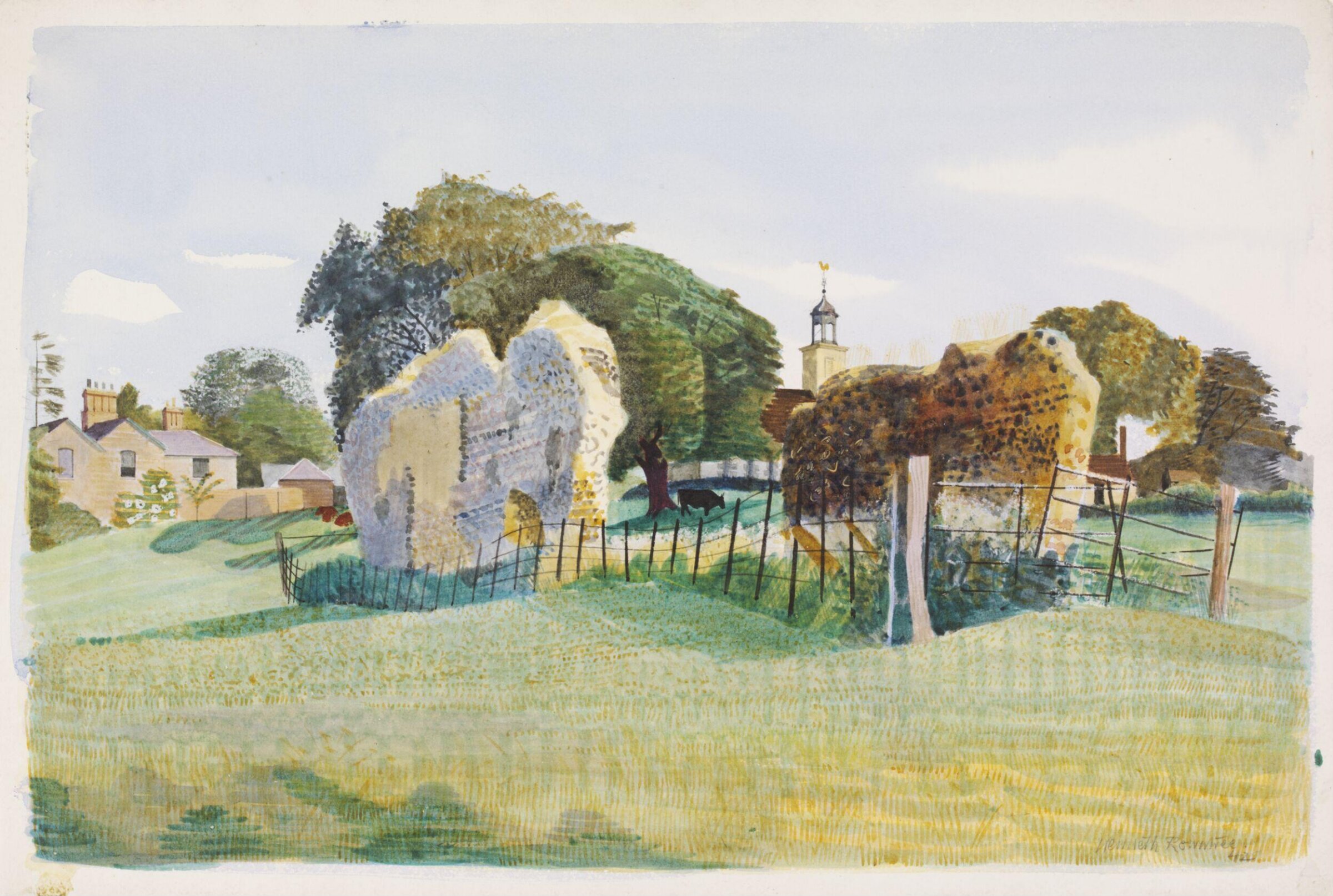 View of the Ruins of the Cloister, the Belfry of St. Mary's Church, and the Vicarage, Tilty, Kenneth Rowntree, 1942