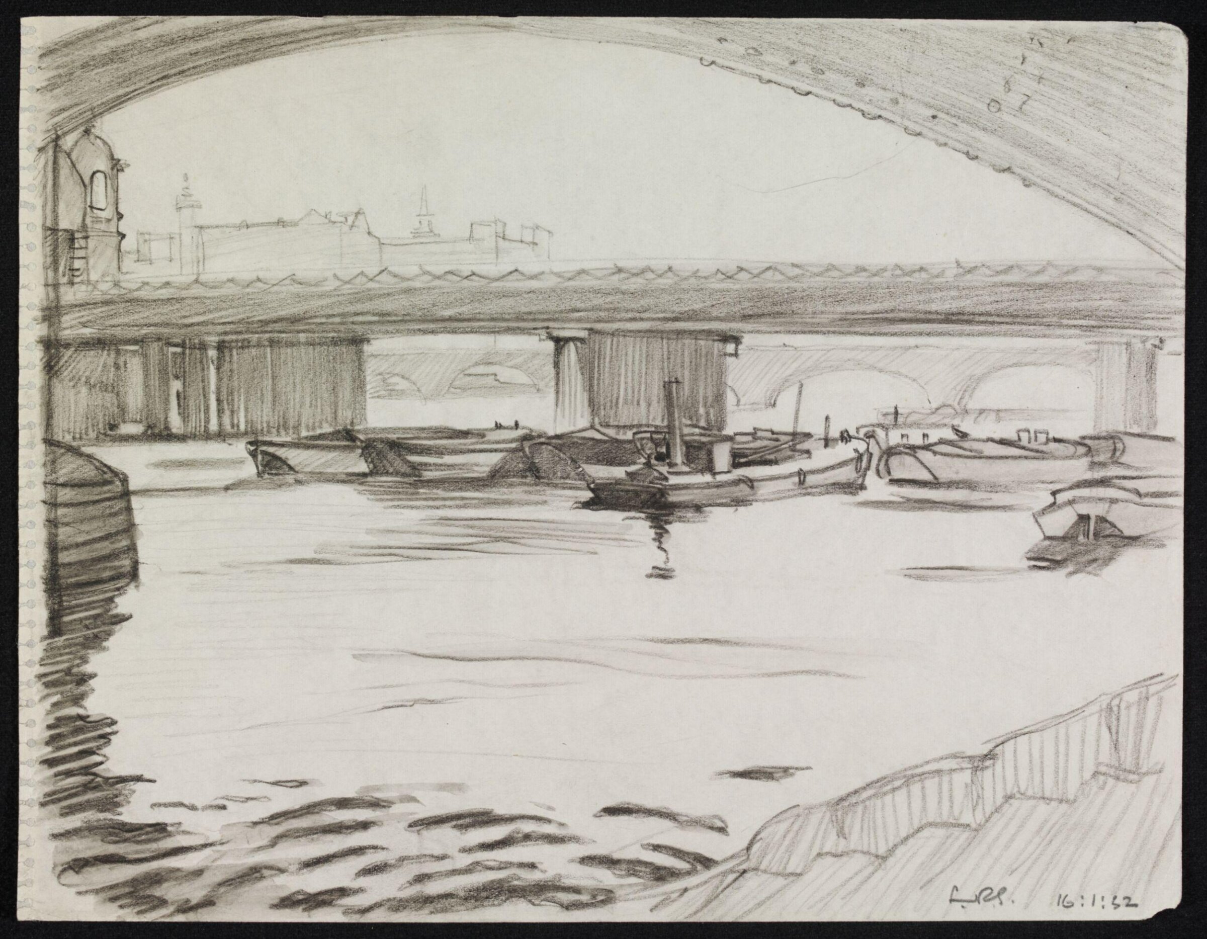 Cannon Street Bridge - seen from beneath an arch of Southwark Bridge, Guthrie, 16 January 1932