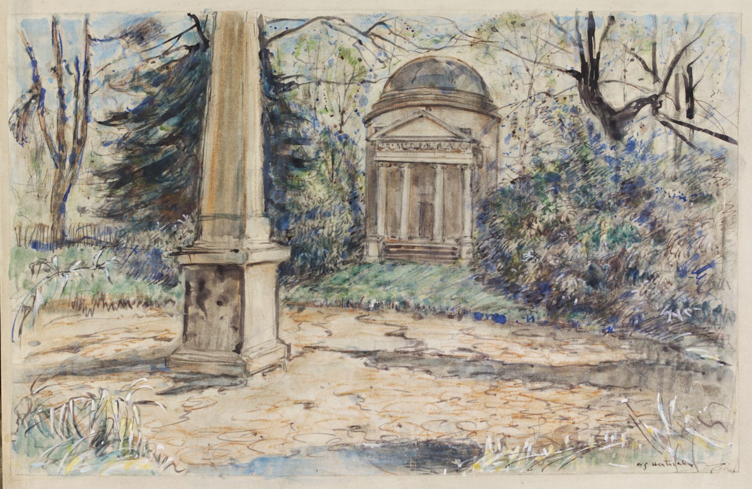The Temple and the Obelisk, Chiswick House, Archibald Standish Hartrick, ca. 1940
