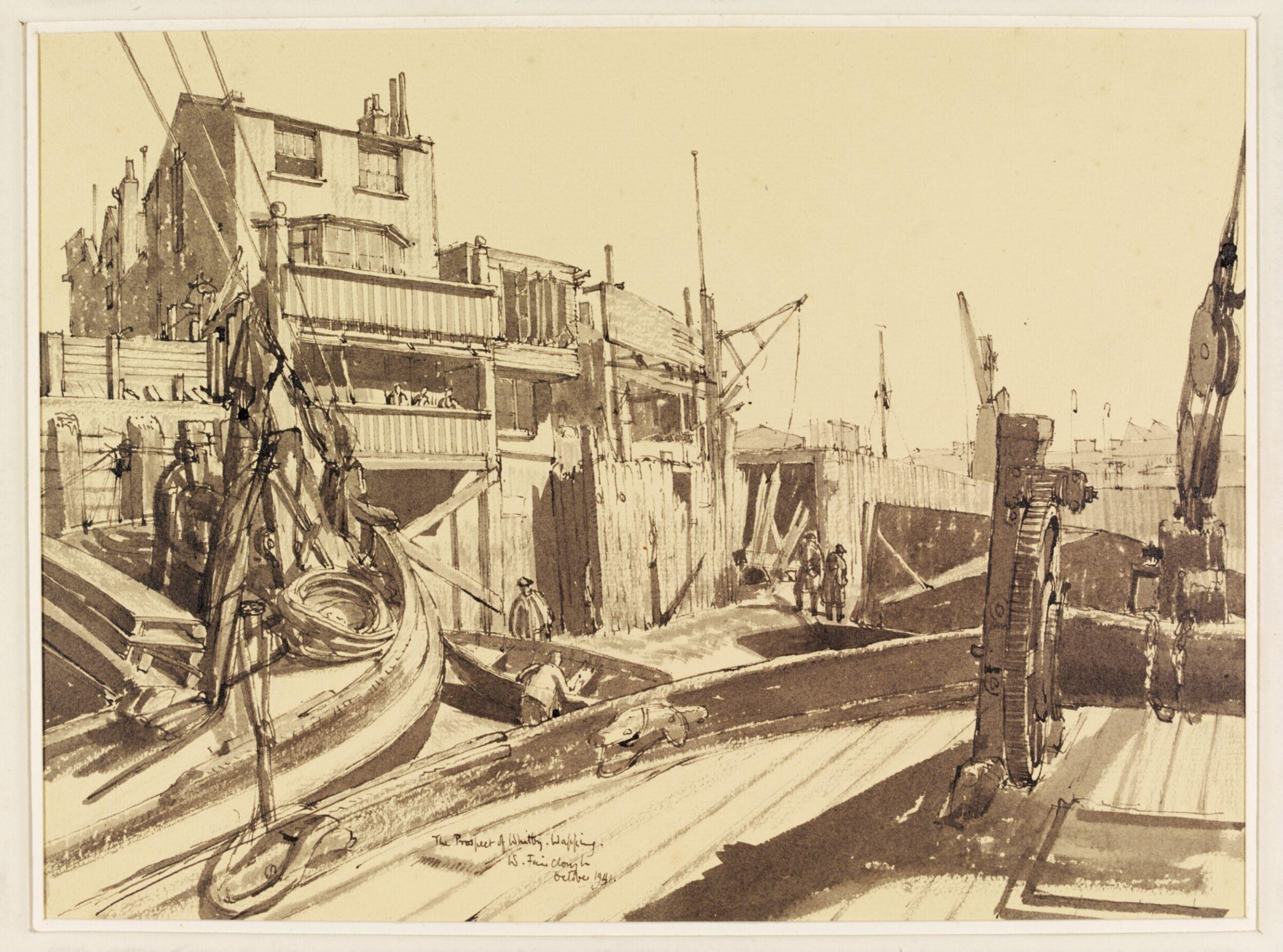 The Prospect of Whitby, Wapping Wall, E.1., and other river-side buildings (seen from a barge), Fairclough, October 1941