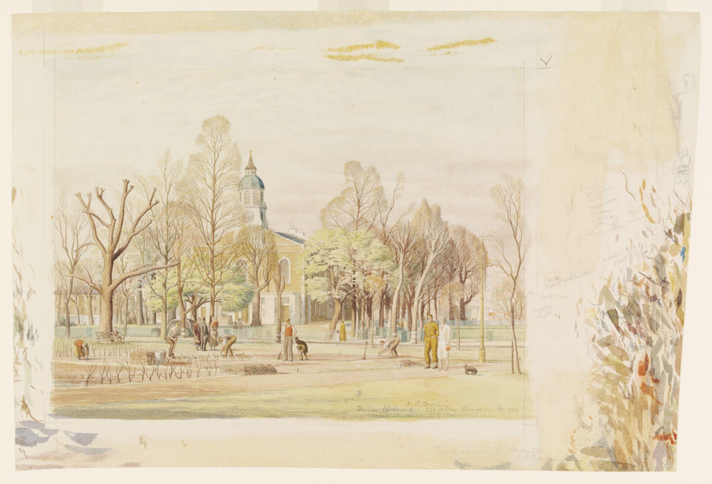 Holy Trinity Church and the new Allotments, Clapham Common, London, Stanley Roy Badmin, April 1940