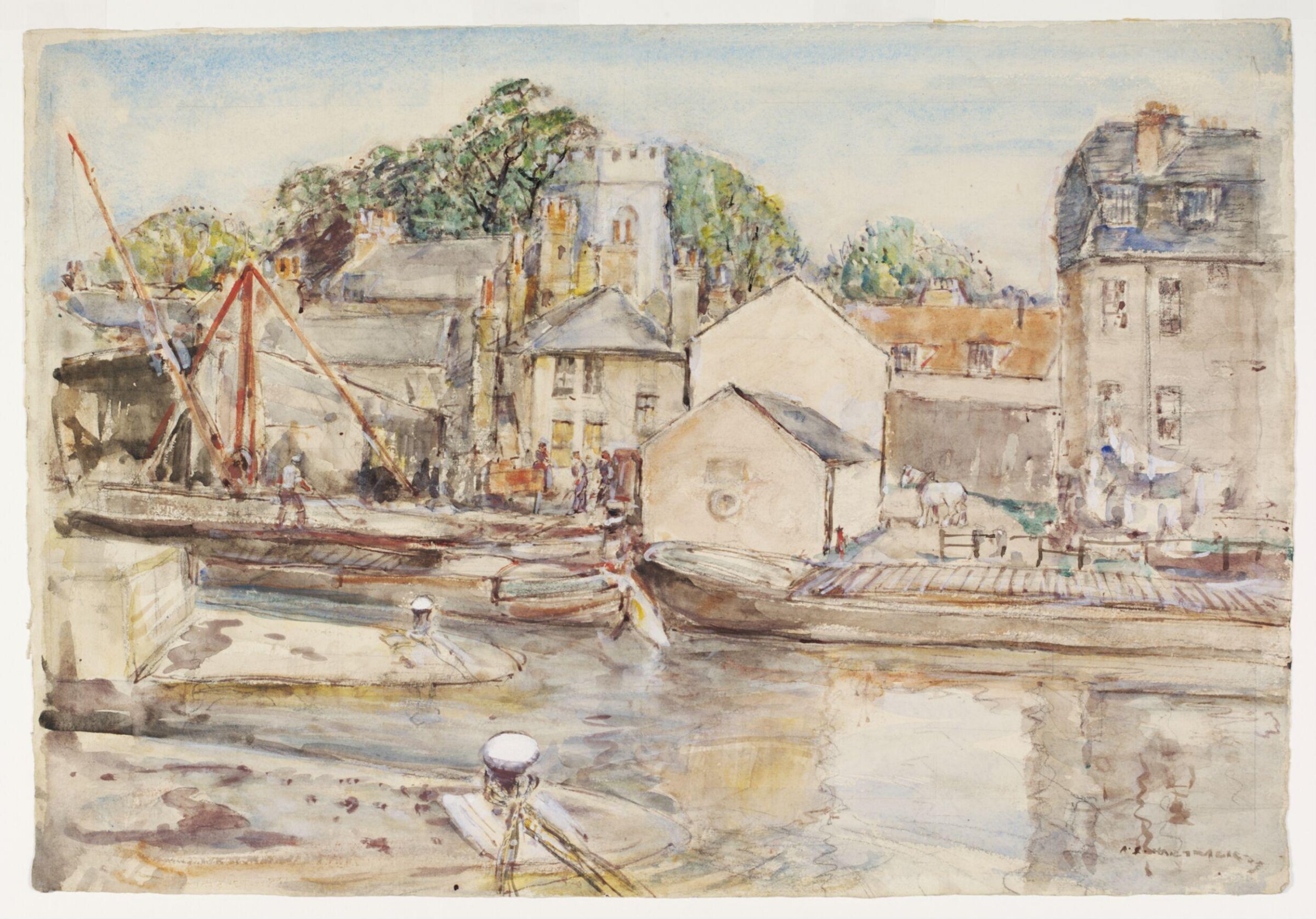 The Locks on Grand Union Canal at Brentford Bridge, Archibald Standish Hartrick, ок. 1940