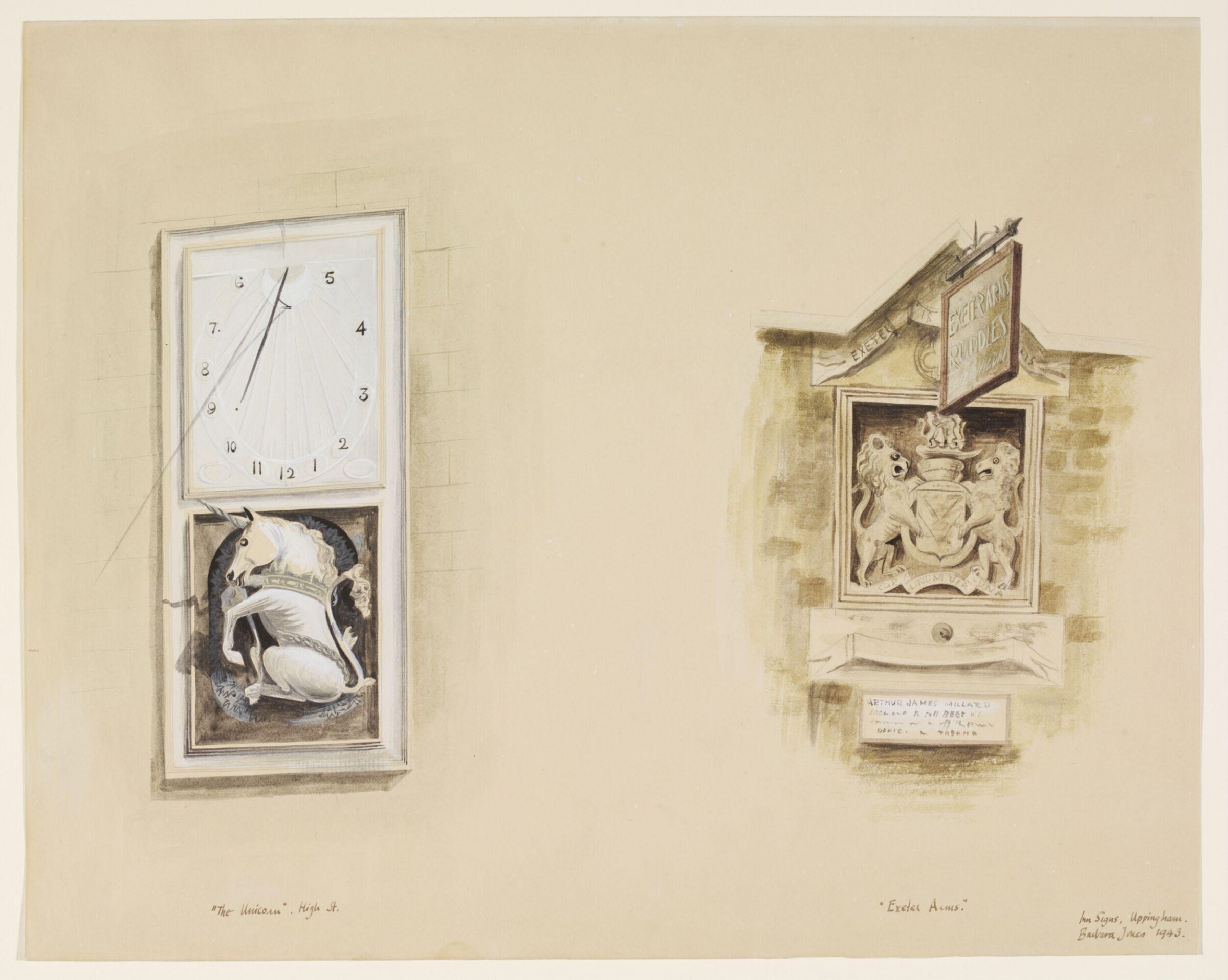 Inn signs ('The Unicorn' and 'Exeter Arms'), Uppingham, Rutlandshire, Barbara Jones, 1943