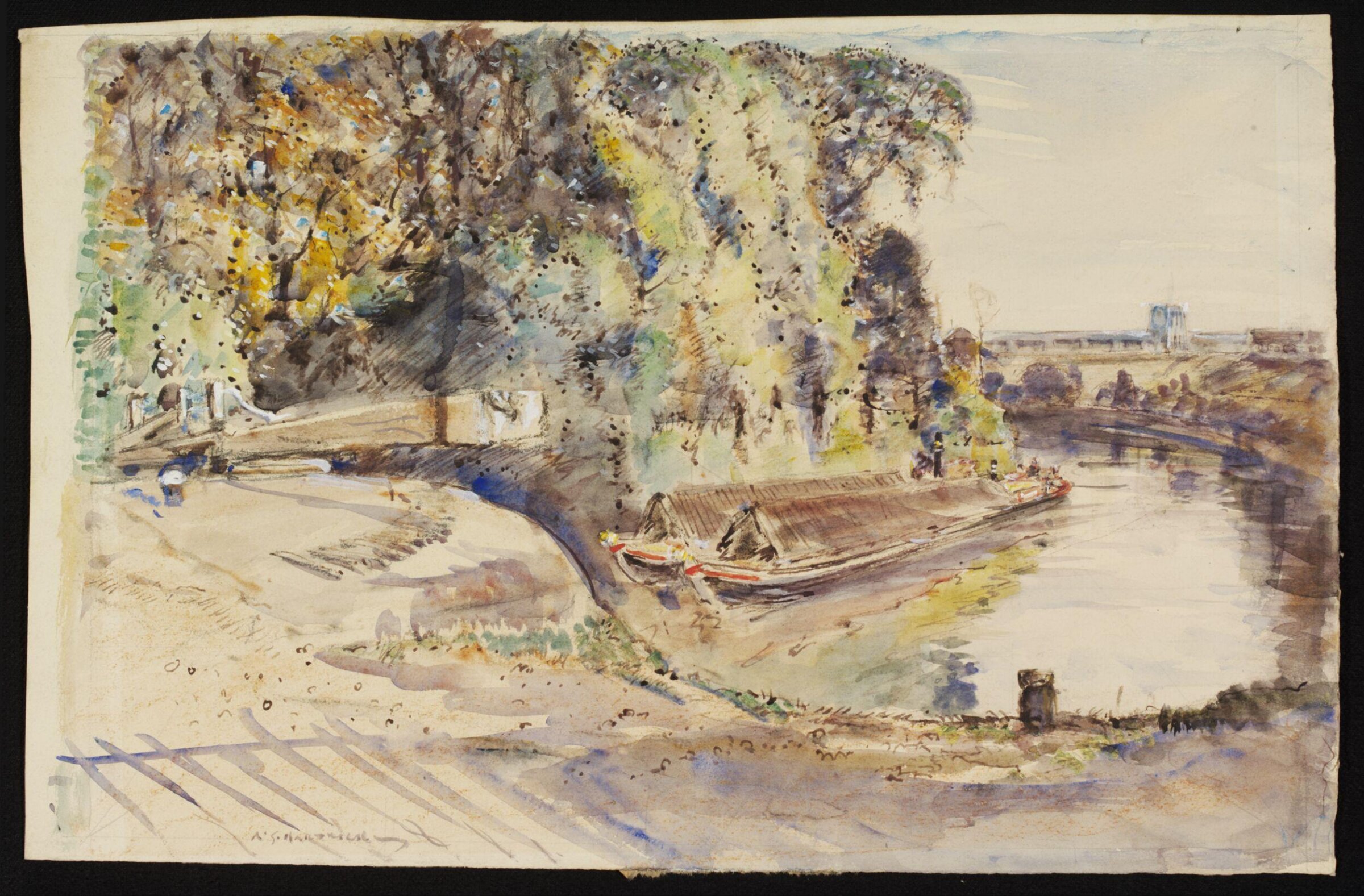 Lock at the junction of the River Brent with the Grand Union Canal, Archibald Standish Hartrick, ca. 1940