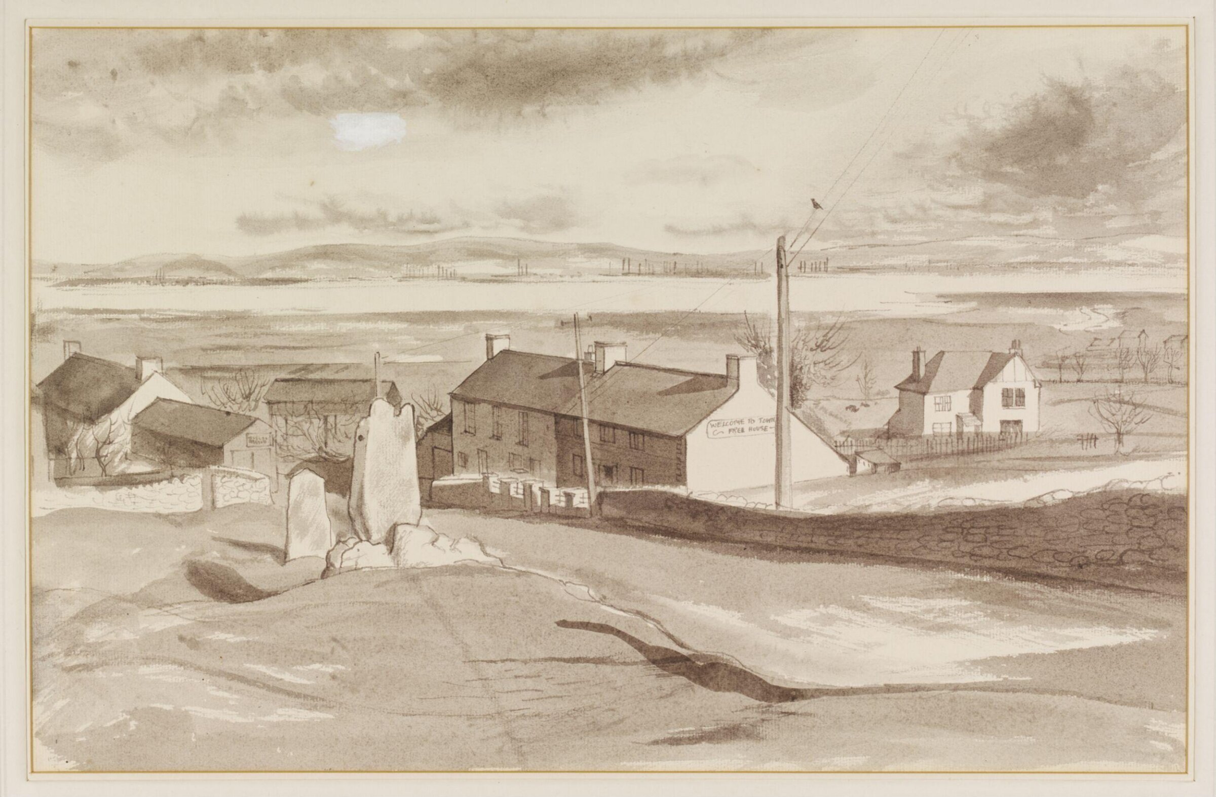 Whipping Posts and the Welcome to Town Inn, Llanrhidden, Glamorganshire, Mona Moore, ca. 1940