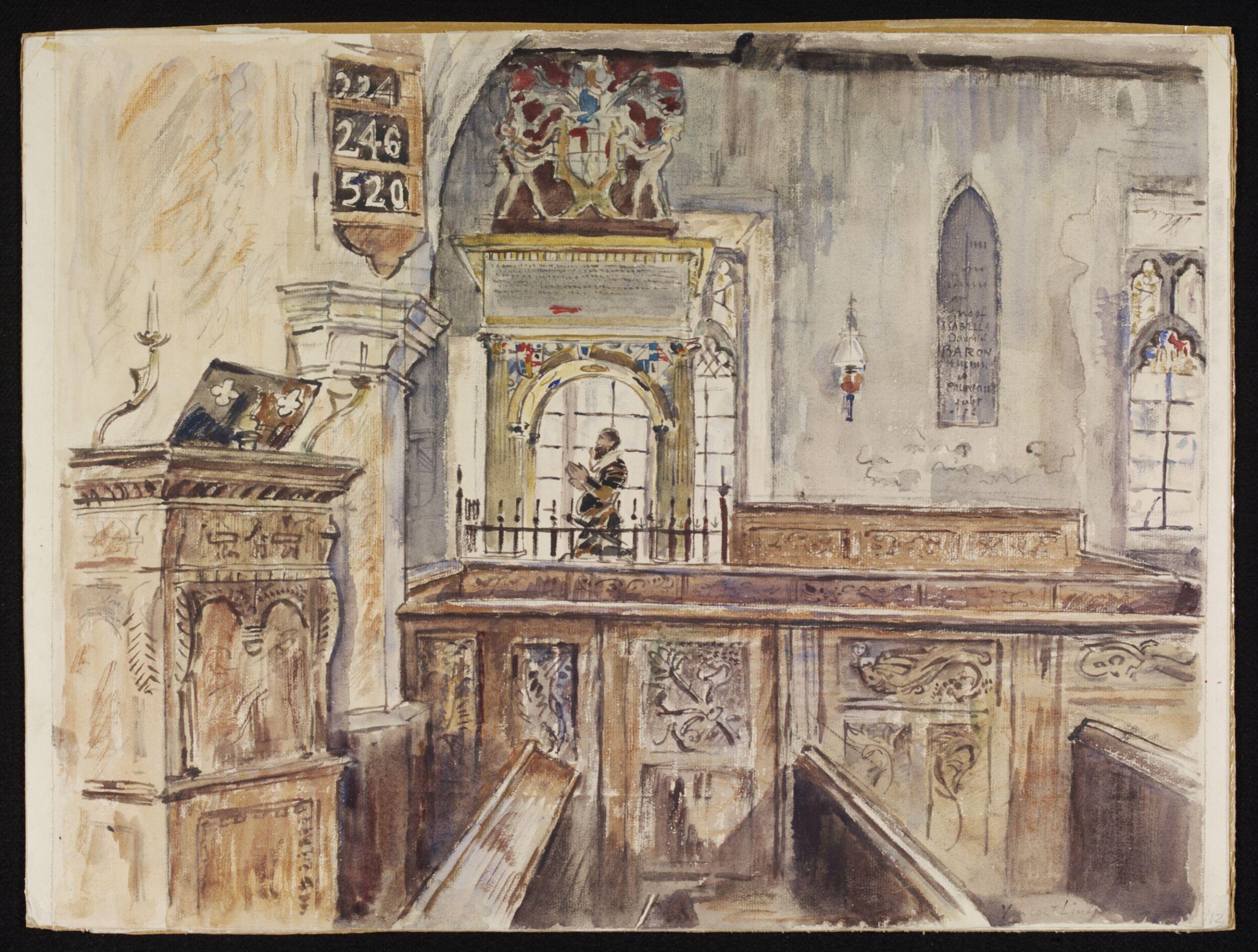 Monument and the Bolingbroke pews, St.Mary’s Church, Lydiard Tregoze, Lines, 1942