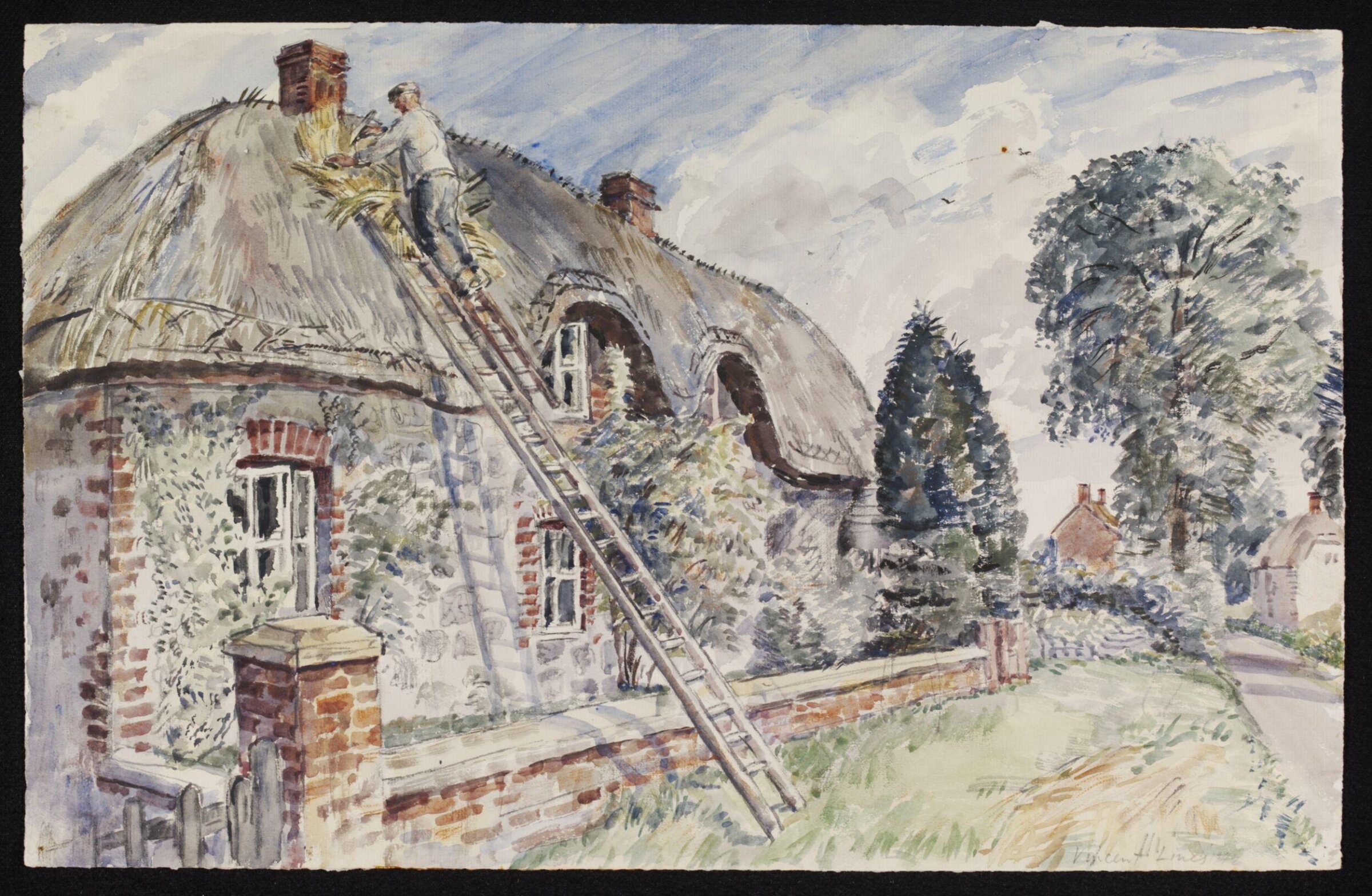 Mending the Thatch; A cottage at Little Avebury, Lines, 1942