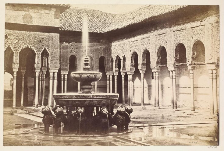 Court of the Lions: fountain with water, north gallery and west pavilion (Alhambra) top image