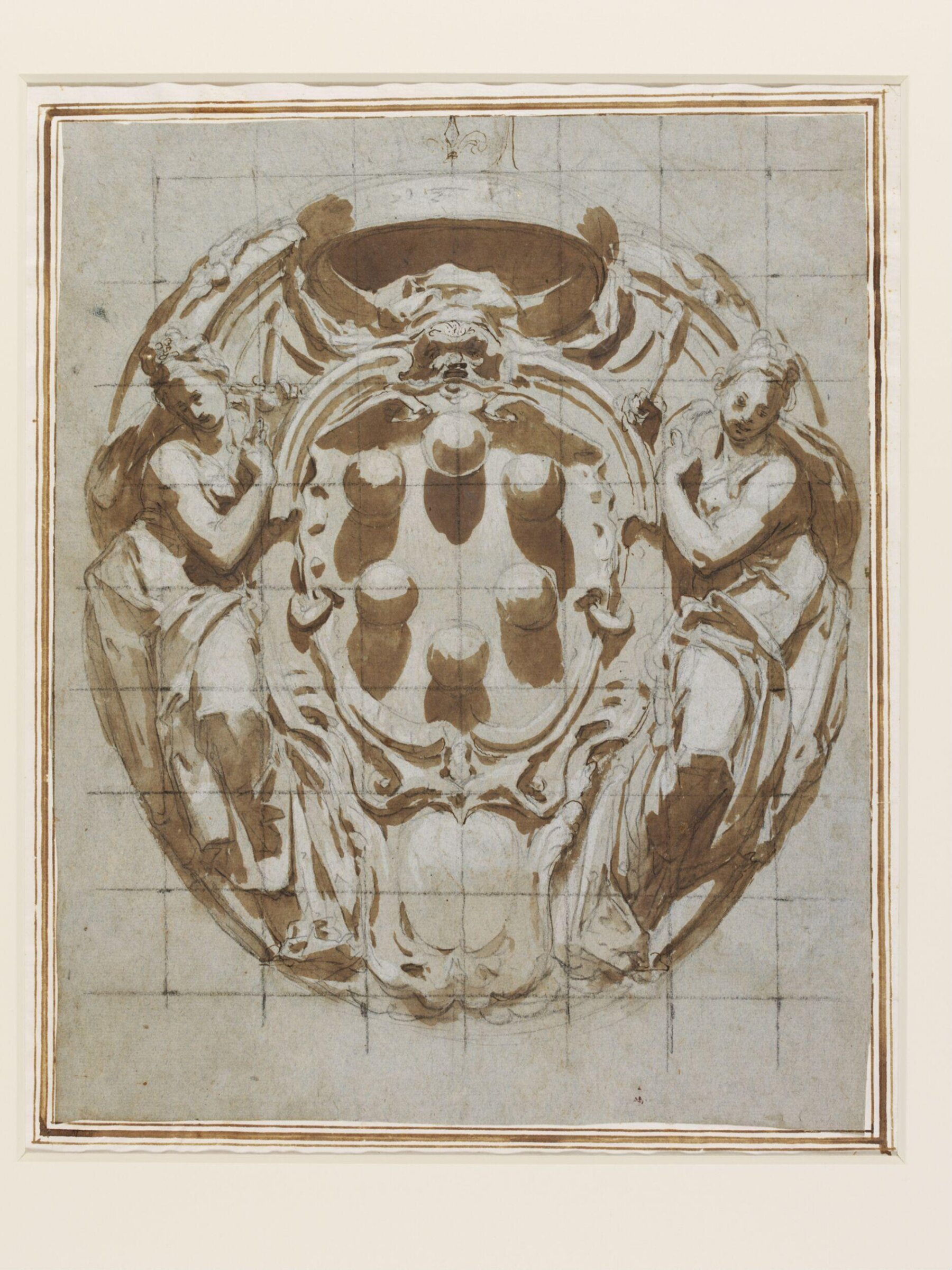 An elaborate cartouche with the Medici Arms flanked by Justice and Prudence, Poccetti, 1607-1612
