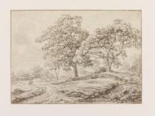 Grove of oak trees near a road with mounted travellers thumbnail 1