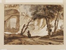 Landscape with figures in a deep ravine making their way towards a natural archway thumbnail 1