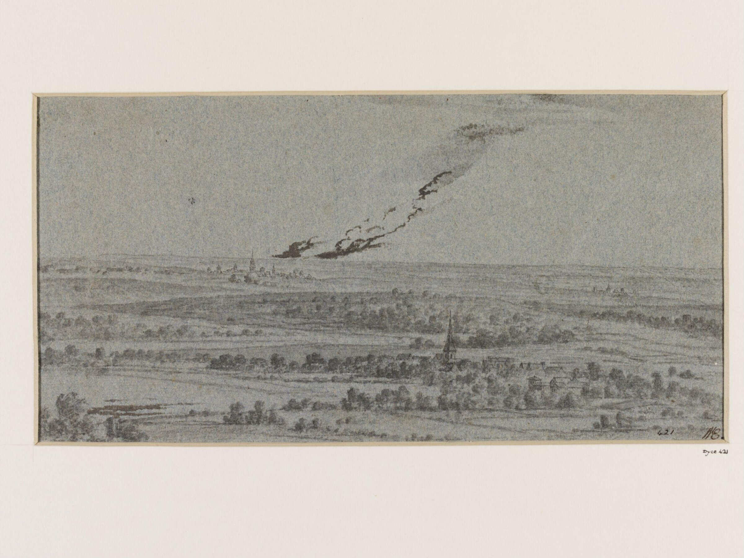 Panoramic River Landscape With Smoke Rising From a Fire in the Far Distance, Joris van der Haagen, 17th century