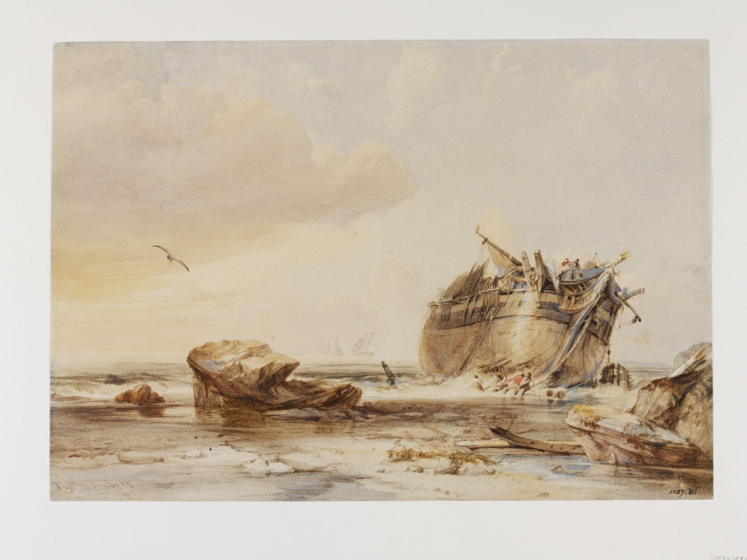 Rocky Shore with Dismantled Vessel, George Chambers, 1838