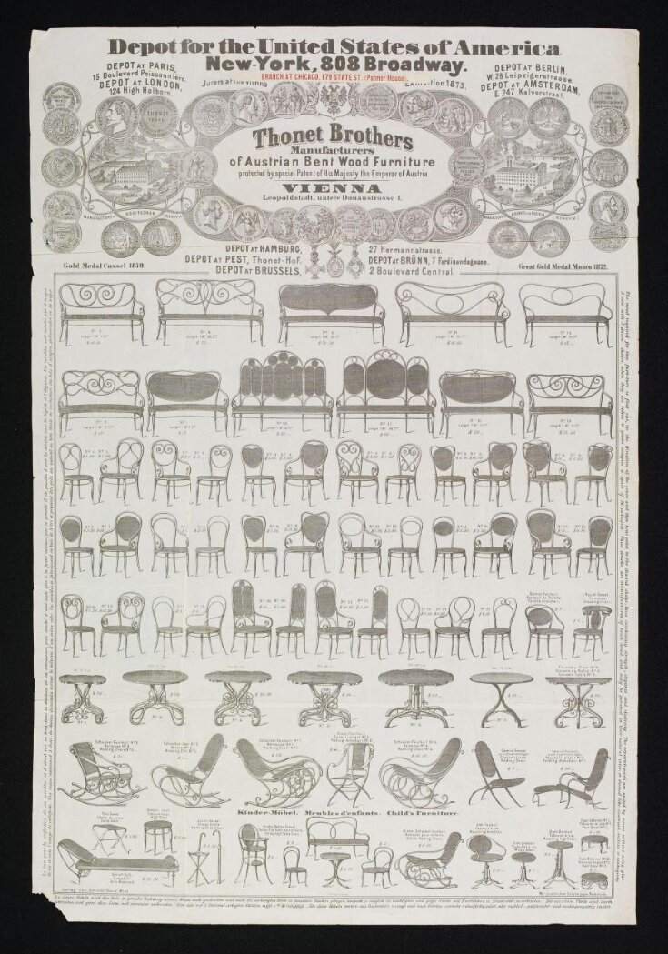 Thonet Brothers, Manufacturers of Austrian Bent Wood Furniture. Depot for the United States, 808, Broadway, New York City. Advertising Broadsheet. 1873 image