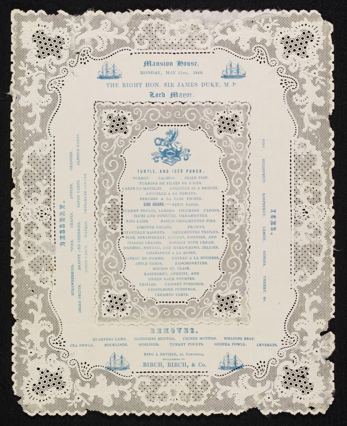 Unknown, Menu of a banquet given by the Lord Mayor Sir James Duke