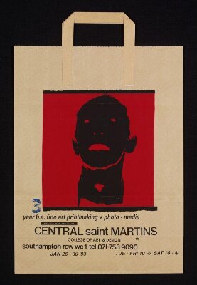 Invitation, in the form of a carrier bag, to year 3 B.A. fine art printmaking and photomedia at Central St. Martin's College of Art and Design, Southampton Row, London WC1, 26-30 January 1993.