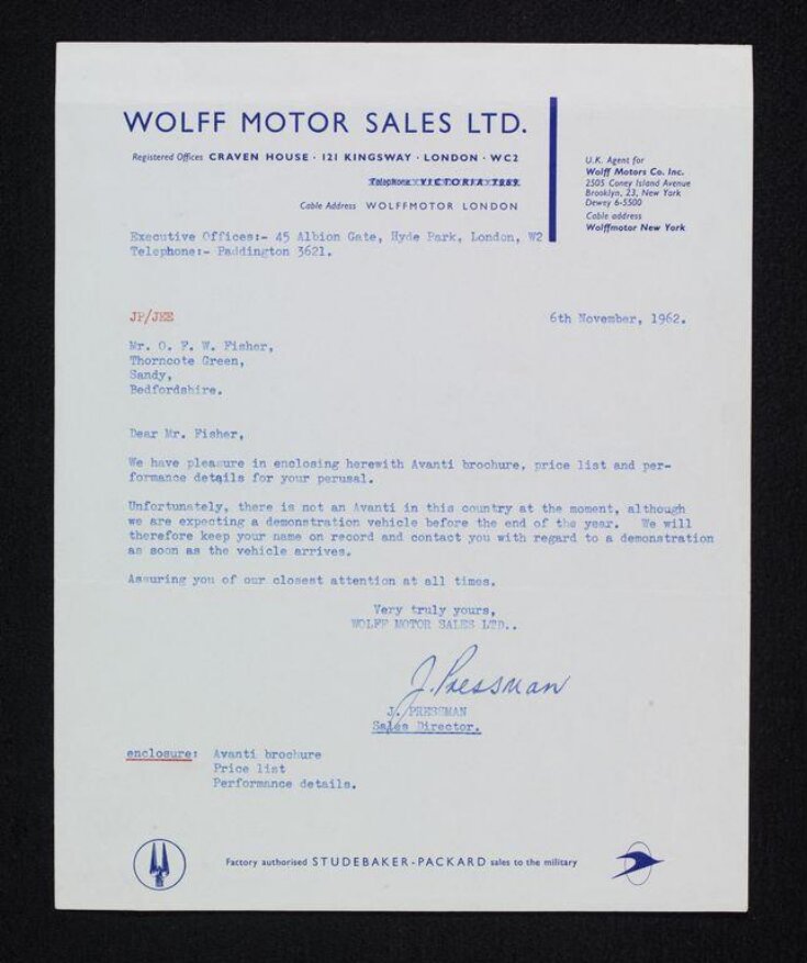 Headed note paper for Wolff Motor sales, Brooklyn, New York and Kingsway, London. top image