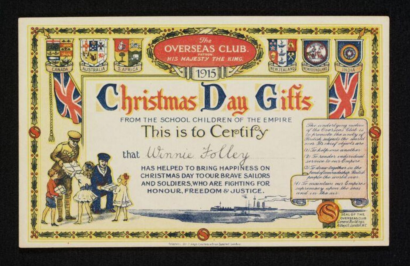 Unknown, The Overseas Club Christmas Day Gifts Certificate, presented to Winnie Folley, 1915