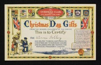 The Overseas Club Christmas Day Gifts Certificate, presented to Winnie Folley, 1915