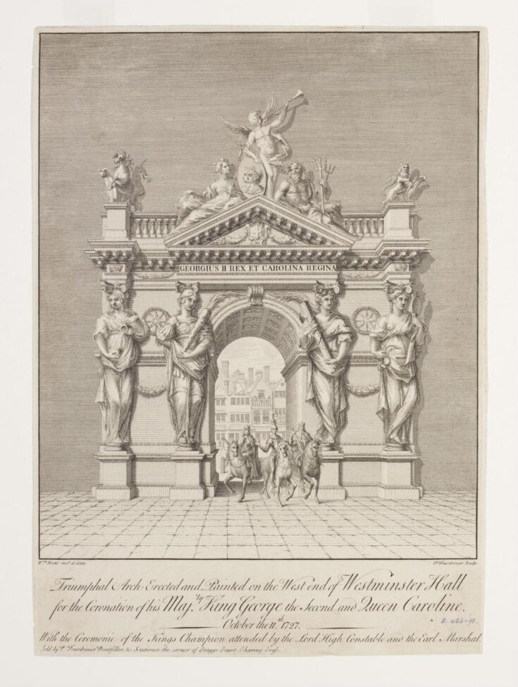 Print of the Triumphal arch erected and painted on the West End of Westminster Stall for the Coronation of King George the Second and Queen Caroline. top image