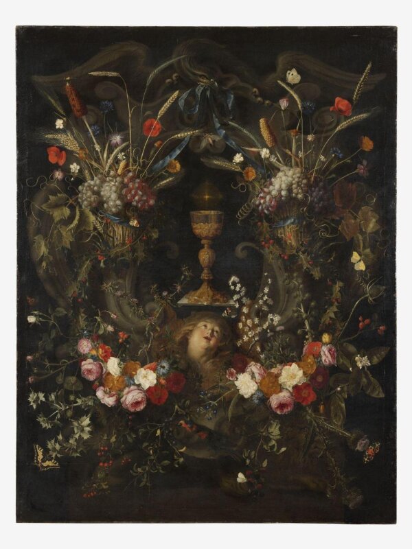A Garland of Flowers Surrounding a Cartouche Containing an Angel's Head and the Holy Sacrament