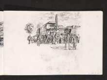 Sketch of carriages and circus performers on the recto, a horse on the verso thumbnail 1