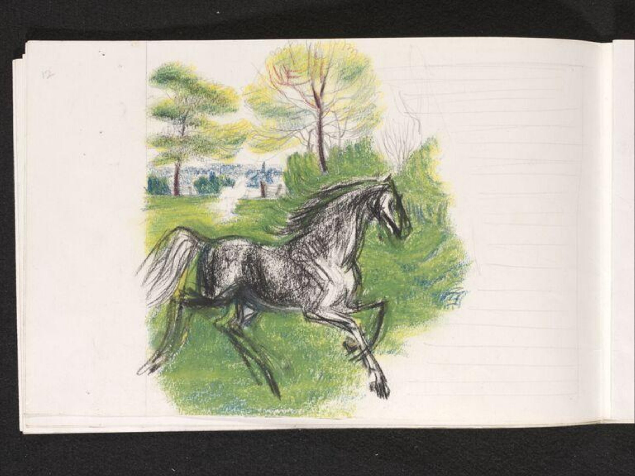 Sketch of carriages and circus performers on the recto, a horse on the verso, Phyllis E. Ginger, ca. 1940-1960
