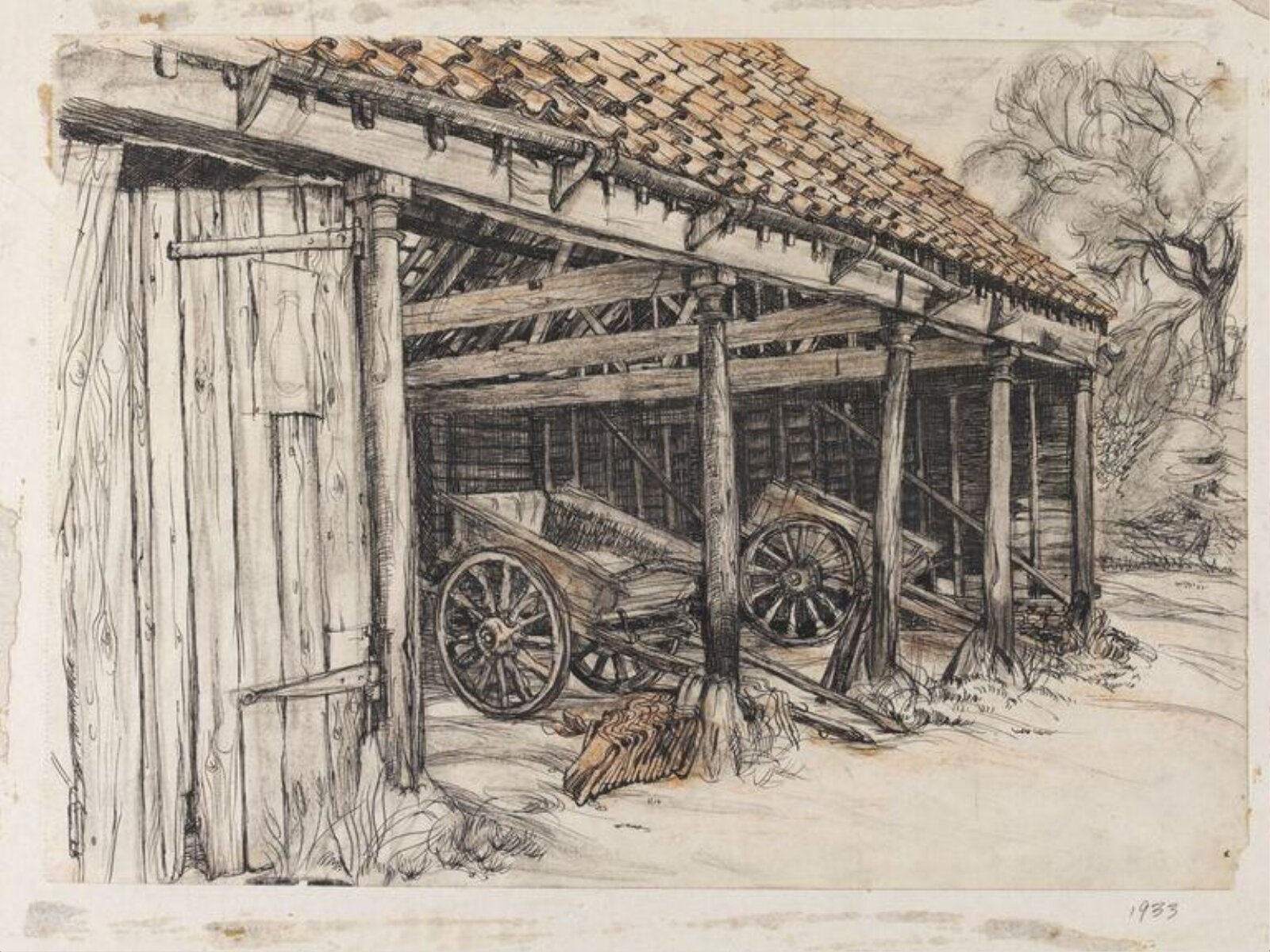 Drawing of open barn with farm carts, Phyllis E. Ginger, ca. 1940
