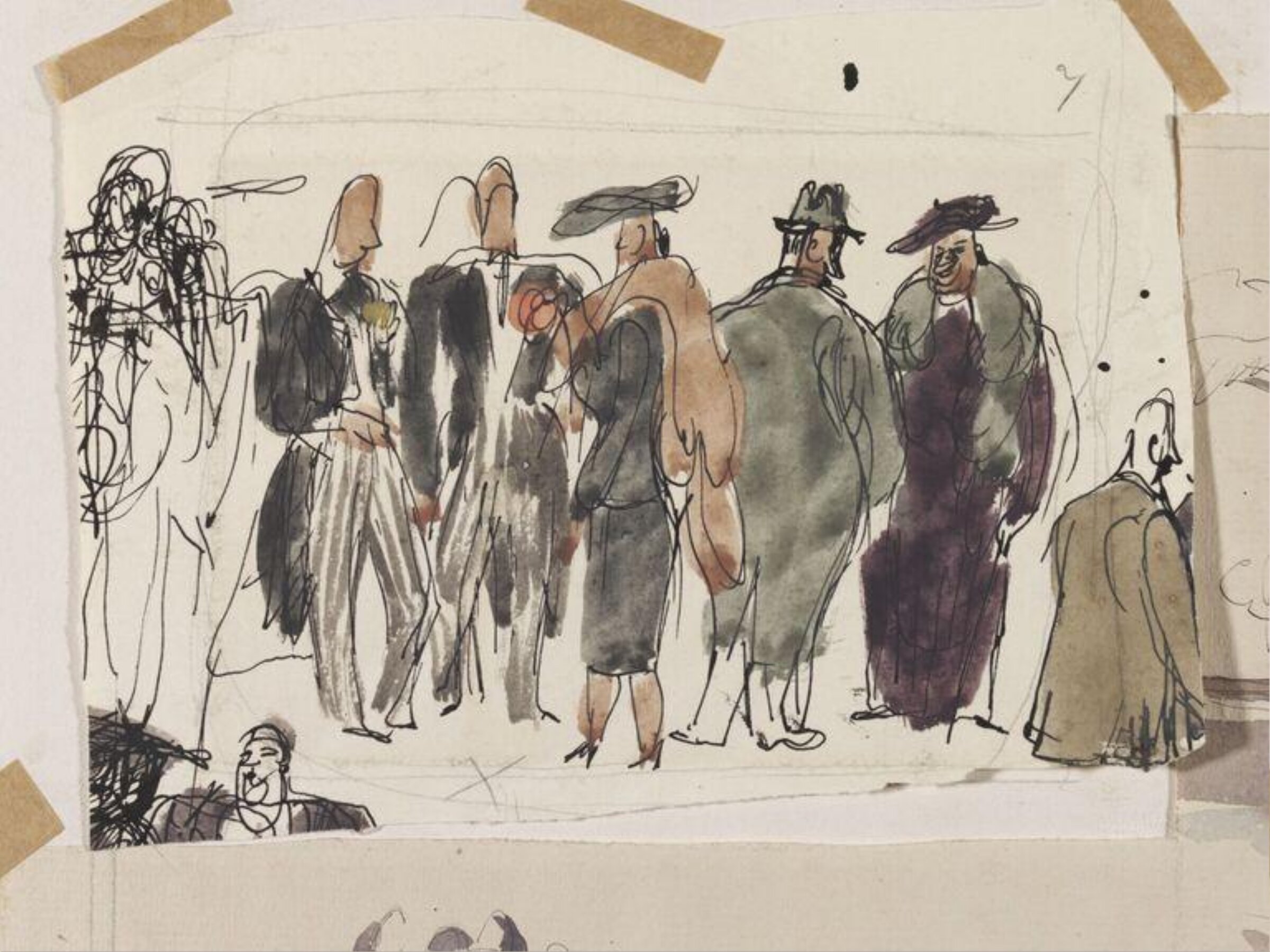 Sketch of smartly-dressed standing figures, Phyllis E. Ginger, ca. 1940-1960