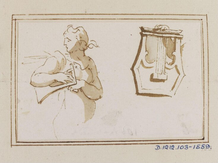 Study of a woman with a lyre and separate study of a lyre: motifs from classical reliefs top image