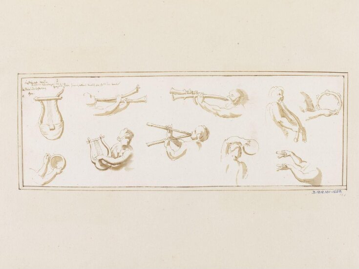 Roman musical instruments, some being played: motifs from classical reliefs top image