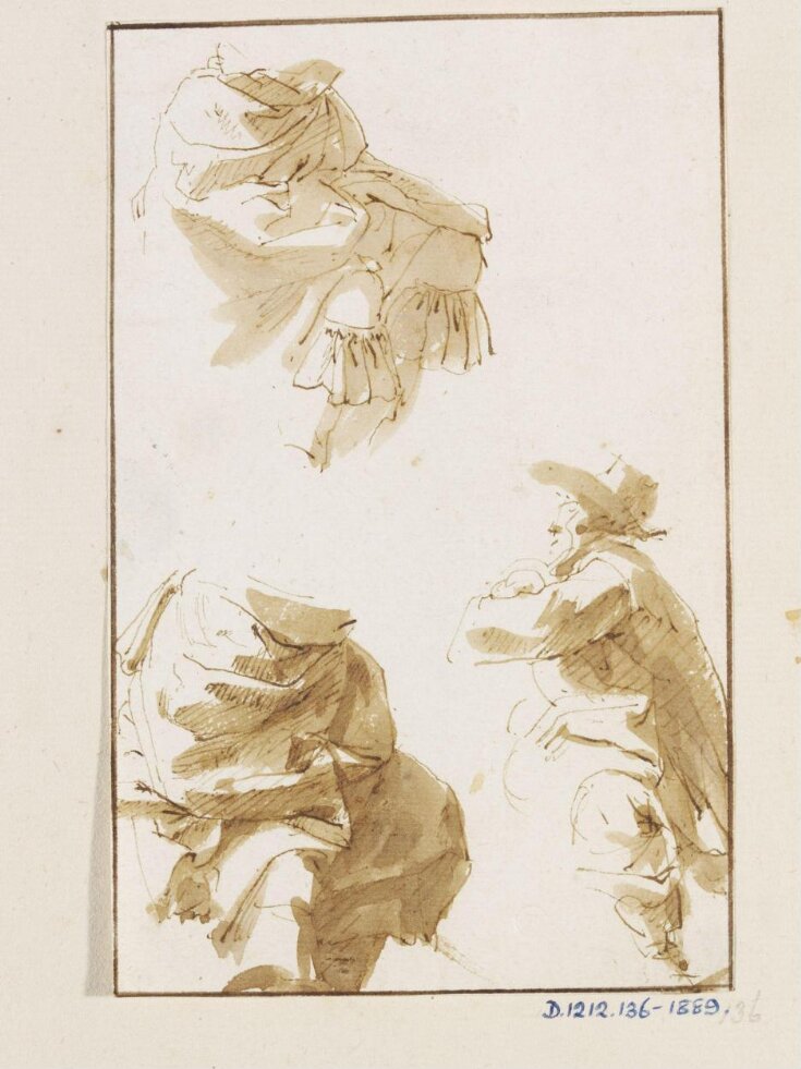 Two Studies of Drapery and a Seated Man in a Hat facing Left top image