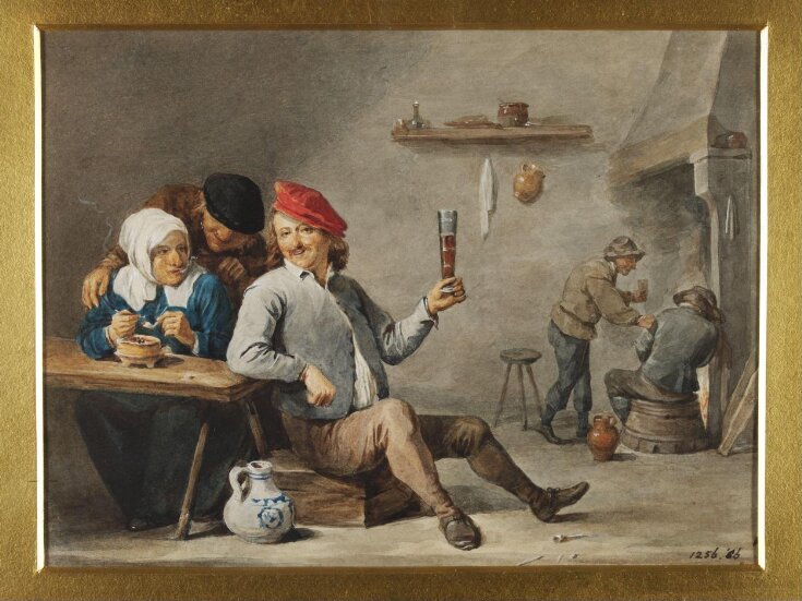 An Interior with a Man Holding Up a Glass and an Old Woman Lighting a Pipe top image