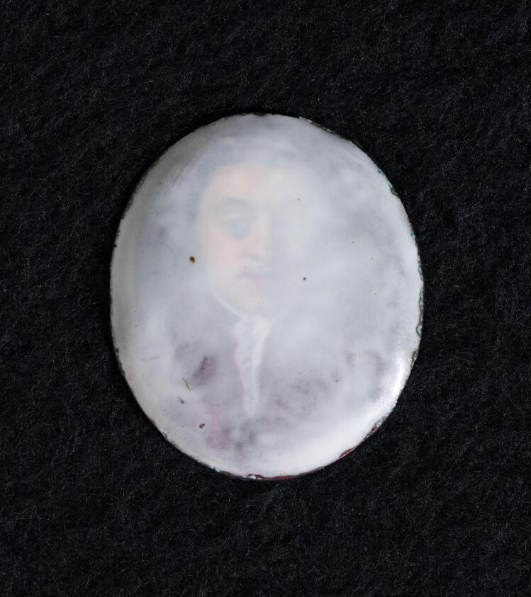 Unfinished portrait in enamel of an unknown man, clouded by overlaying white glaze